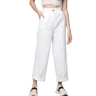 SASSAFRAS Women White Regular Fit Solid Twill Parallel Trousers at Rs.849